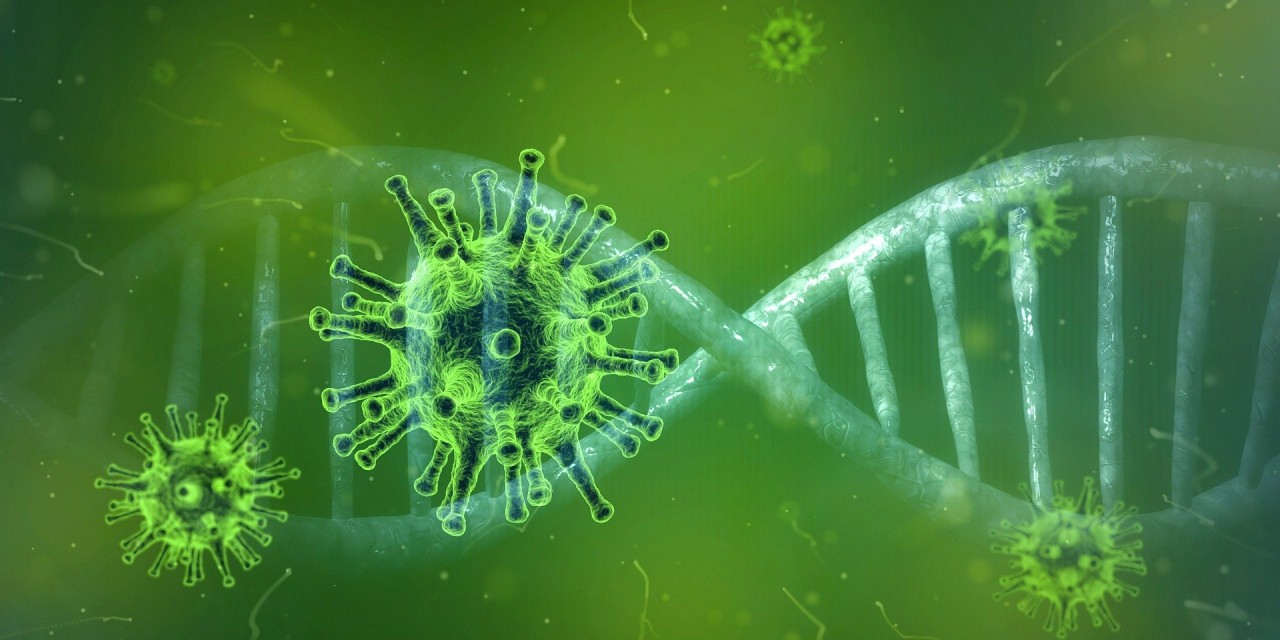 Ilustração de partículas de coronavírus diante de uma estrutura de DNA